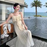 Summer White Lace Suspender Dresses Women's Elegant Pleated Long Dresses  New Female Backless Sexy Beach Vacation Dresses