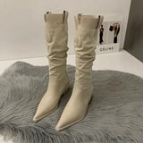 New Western Cowboy Boots Ladies Cowgirl Pointed Toe Denim Winter Women Knee High Boots Long Slip On Pleated Shoes Female