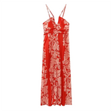 Summer New Holiday Style Print Pleated Open Back High Waist Bra Hanging Neck Neck Sexy Long Dress