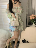 Summer New Off Shoulder Strap Dress Women Floral Short Dress Long Sleeve Bohemian A-line Beach Dress Robe Femme Clothing