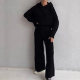 woloong  Casual Knit Hoodied With Pocket Two Piece Sets Women Solid Long Sleeve Top Wide Leg Pant Outfit Streetwear Tracksuit New