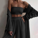 Spring Soft Women Three Piece Set Fashion Wrap Cardigan Tops And High Waist Pants Suit Female Casual Simple Tracksuits Homewear