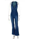 Hugcitar Denim Jumpsuit V Neck Zipper Bell Sleeveless Sexy Outifts Elegant Backpacker  Party Summer