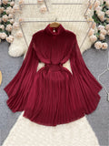 Elegant Solid Stand Collar Fold Waist Closed Dress Women Leisure Pleated Vestido Female Summer New Tide Fashion