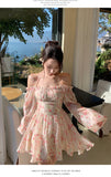 woloong Summer Floral Dress Women  Slash Neck Female Long Sleeve Fairy Dress Off Shoulder Pink A-line Elegant  Beach Short Dresses