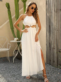 Chiffon Solid Halter Slit White Women Dress Summer Sleeveless Maxi Long Holiday Beach Ladies Dress Robe New