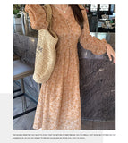 goosudu  Summer New Fashion French Women Dresses Vintage Floral Chiffon Dress Female High Waist Simple V-neck Long Sleeve Dress