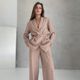 Full Sleeves Pajamas For Women Robe Suits With Pants Wide Leg Solid Loose Sets Womens Outfits  Home Suit Sleep Clothes