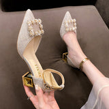 Elegant Pearl Buckle Wedding Shoes Women New Pointed Toe Thick Heels Pumps Woman Shining Crystal High Heels Shoes