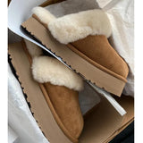 Winter Women Fur Slippers Warm Boots Platform Flip Flops  New Short Plush Flats Home Cotton Shoes Suede Mules Ladies Boots