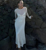 Elegant Hollow Out Knit Maxi Dress for Women Summer Beachwear Holiday Long Sleeve Cover-Ups Long Dresses