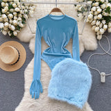 goosudu Autumn Long Sleeves Bodysuits  Women O Neck Open Crotch Velvet Slim Playsuits+Plush Sexy Mini Skirt Suits