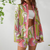 Women Two-piece Pleated Shorts Suits Chic Fashion Flower Print Long Sleeve Shirts and Loose Shorts New Matching Set