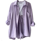 2 Piece Casual Sleepwear Cotton Pajamas for Women Turn-Down Collar Sleep Tops Suits with Shorts Gauze Cardigan Homewear Summer