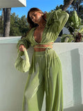 Green Pleated 2Pieces Pants Suits Women Sets Solid Flare Long Sleeve Bandage Crop Tops+Wide Leg Loose Long Pants Outfits