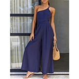 Waist Folds Backless Double Strap Casual Wide Leg Jumpsuit Long Pants Green  New Female Loose  Jumpsuit