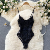 Women‘s Vintage American Retro Lace Camis Jumpsuits V Neck Sexy Black Ruffles Hot Sweet Hollow Out  Mesh Splicing Sheer Bodysuit