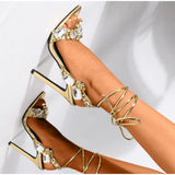 woloong  New Summer Women Sandals Female Pu Pointed Toe Crystal Fashion Pumps Ladies Solid Thin High Ankle Strap Sexy Shoes