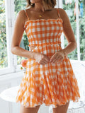 goosudu Orange Plaid Print Vintage Women Pleated Trimmed Summer Dress Backless Elastic New Gingham Mini Beach Dress Boho