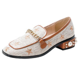 New Women Casual Shoes Pumps Spring Fashion Girl Star Embroidery Pearl Flax Chain High Heel Shoes Slip-on Loafers