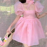 woloong Fairy Dress Pink Dress New Summer Organza Fairy Dress Female Sweet Puff Sleeves Mesh Square Collar Princess Dress Women's Clothing