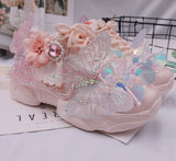 Womens Round Toe Sneakers Lace Up Rhinestones DIY Flowers Butterfly Shiny Girls Shoes Casual Sweet Pink Lolita Gift New