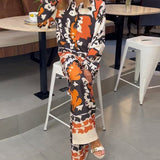 Autumn Elegant Lady Print Outfits Fashion Long Sleeve Lapel Shirt Tops And Long Pants Suit Casual Loose Women Two Piece Set