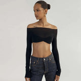 Black Friday  Mesh Sheer Off-Shoulder Top Shirt For Women New Long Sleeve See-Through Lace Knit Pullover Tops Summer Mesh Top Tee Shirt