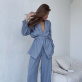 Full Sleeves Pajamas For Women Robe Suits With Pants Wide Leg Solid Loose Sets Womens Outfits  Home Suit Sleep Clothes