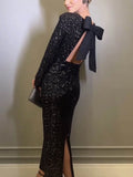 Elegant Women's Party Clubwear Evening Dresses Bow Backless Long Sleeve Glitter Sequins Long Dress Women New