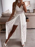 Women Spaghetti Straps Long Beach Dress Boho Summer Sleeveless Hollow Out Floral Lace Playsuit Sundress Lady Outfit