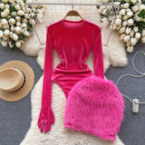 goosudu Autumn Long Sleeves Bodysuits  Women O Neck Open Crotch Velvet Slim Playsuits+Plush Sexy Mini Skirt Suits