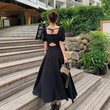 Dress Womens Chic Vintage Black High Waist Square Collar Puff Sleeve Bow A-line Classy Retro Elegant French Female Clothing New