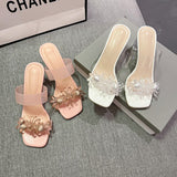 woloong New Summer Transparent Slippers Women Fashion Open Toe Crystal Wedges High Heels Female Slides Flower Sandals for Womens