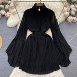 Elegant Solid Stand Collar Fold Waist Closed Dress Women Leisure Pleated Vestido Female Summer New Tide Fashion