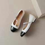 Women Genuine Leather Mary Janes Flat Shoes Brand Designer T-tied Buckle Mix-Color Shoes Lady  New Preppy