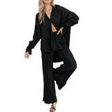 Women Two-piece Pleated Pants Suits Casual Chic Solid Color Long Sleeve Button down Shirts and Straight Leg Trousers Set