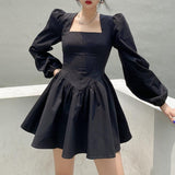 woloong  New Fashion Elegant Puff Long Sleeve Black Dress Women Corset Summer Clothes Goth Sexy Party Club Outfits Mini Pleated Skirt Y2k