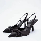 woloong New Women's Shoes Black Bright Ribbon Bow Knot High-heeled Muller Shoes Shallow Mouth Stiletto Sandals Women