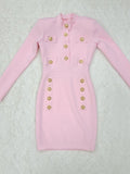 Elegant Evening Club Party Dress New Winter Style Sexy Long Sleeve Key Hole Button Pink Mini Women Bodycon Bandage Dress