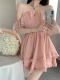 Mini Fairy Dress Lace-up Halter A-line Off Shoulder Pink Ruffle Chiffon Fluffy Dress Summer Women Dresses Beachwear Clothi