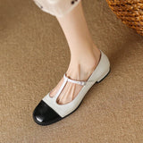 Women Genuine Leather Mary Janes Flat Shoes Brand Designer T-tied Buckle Mix-Color Shoes Lady  New Preppy