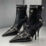 New Women Slim High Heel Metal Buckle Chain Luxury Shoes Fashion Comfortable Pointed Toe Ankle Boots Stiletto Party Short Boots