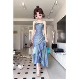 Blue Flower Evening Dress New French Fairy Sweet Slim Mermaid Strap Summer Birthday Party Spaghetti Strap Dresses