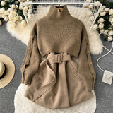 Autumn Winter Knit Two Piece Set Women's Single-breasted Turtleneck Cropped Pullover Sweater V-neck Vest Dress Solid Women Suit