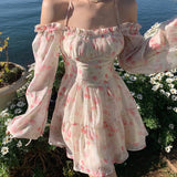 woloong Summer Floral Dress Women  Slash Neck Female Long Sleeve Fairy Dress Off Shoulder Pink A-line Elegant  Beach Short Dresses