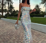 Elegant Sparkling Slim Sequin Dress Women High Quality Backless Spaghetti Strap Party Dresses New Chic Lady Long