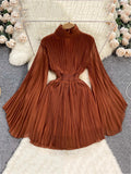 Elegant Solid Stand Collar Fold Waist Closed Dress Women Leisure Pleated Vestido Female Summer New Tide Fashion