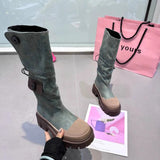 Autumn and Winter New Fashion Two Knee length Boots Women's Denim Washed Shell Head Thick bottomed Tooling Boots