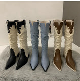 New Western Cowboy Boots Ladies Cowgirl Pointed Toe Denim Winter Women Knee High Boots Long Slip On Pleated Shoes Female